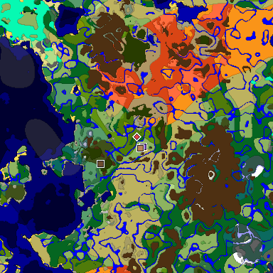 Predicted biome map of Java 1.18 seed 6383773583622486643 around estimated spawn