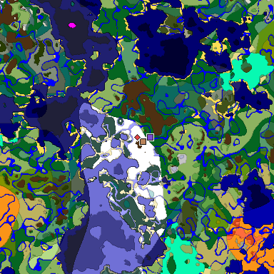 Predicted biome map of Java 1.18 seed 3277356185507467231 around estimated spawn