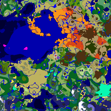 Predicted biome map of Java 1.18 seed 1881384210148202394 around estimated spawn