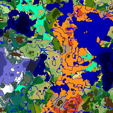 Predicted biome map of Java 1.18 seed -5100746263534036592 around estimated spawn