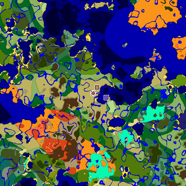 Predicted biome map of Java 1.18 seed -2051029936455253346 around estimated spawn