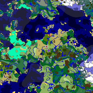 Predicted biome map of Java 1.18 seed 3975132079810251168 around estimated spawn