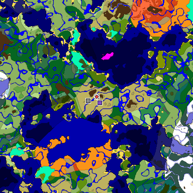 Predicted biome map of Java 1.18 seed -5893915674062896378 around estimated spawn