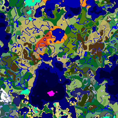 Predicted biome map of Java 1.18 seed -3260780872192747417 around estimated spawn