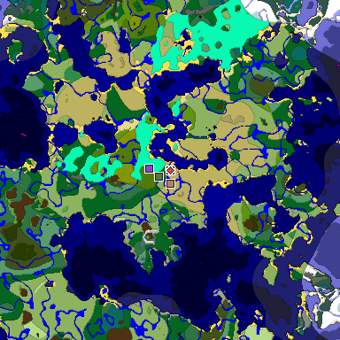 Predicted biome map of Java 1.18 seed 7666961646315231573 around estimated spawn