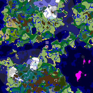 Predicted biome map of Java 1.18 seed -3748028778921970133 around estimated spawn