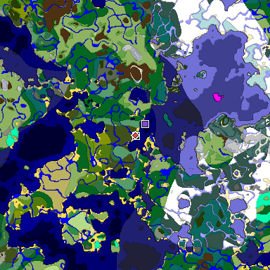 Predicted biome map of Java 1.18 seed -1151456710929265078 around estimated spawn