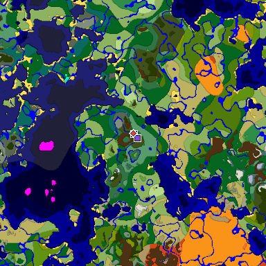 Predicted biome map of Java 1.18 seed 7489457874057681436 around estimated spawn