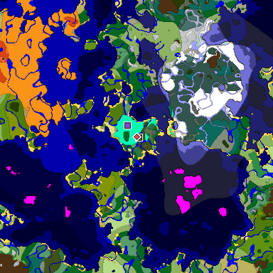 Predicted biome map of Java 1.18 seed 9046352387917873789 around estimated spawn