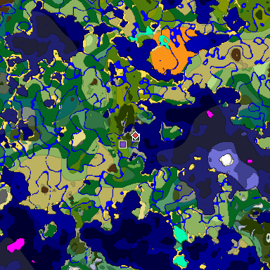 Predicted biome map of Java 1.18 seed -2961324906639601496 around estimated spawn