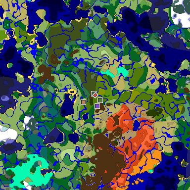 Predicted biome map of Java 1.18 seed -9107658769804706279 around estimated spawn