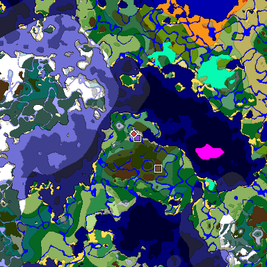Predicted biome map of Java 1.18 seed 4239451321417483817 around estimated spawn