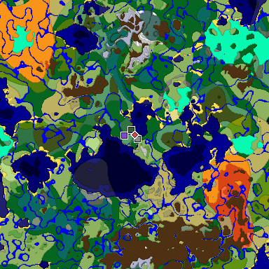 Predicted biome map of Java 1.18 seed -5190901594639764493 around estimated spawn