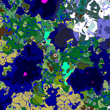 Predicted biome map of Java 1.18 seed 7651812966758506999 around estimated spawn