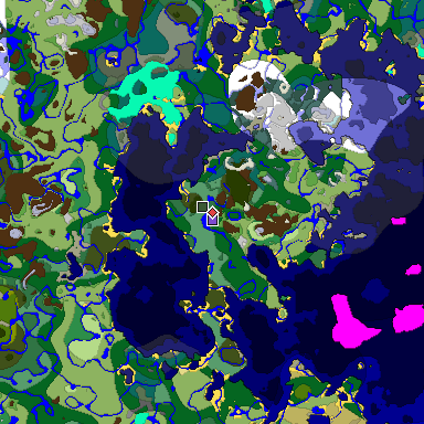 Predicted biome map of Java 1.18 seed -2713742183326937422 around estimated spawn