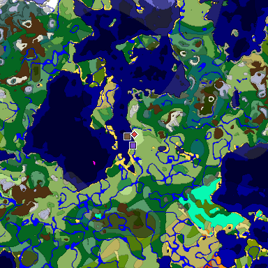 Predicted biome map of Java 1.18 seed -3686159858346613632 around estimated spawn