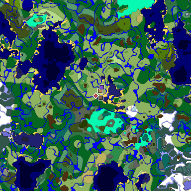 Predicted biome map of Java 1.18 seed 9223201719577715727 around estimated spawn