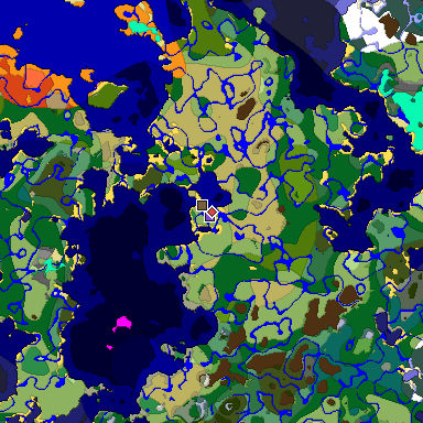 Predicted biome map of Java 1.18 seed -7316096546278628572 around estimated spawn