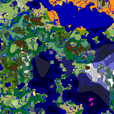 Predicted biome map of Java 1.18 seed -8704363101121800741 around estimated spawn