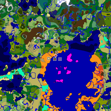 Predicted biome map of Java 1.18 seed 141086120412376923 around estimated spawn