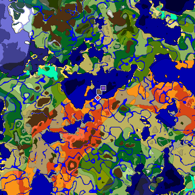 Predicted biome map of Java 1.18 seed -3033672649555807318 around estimated spawn