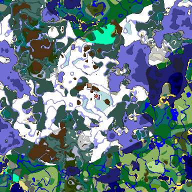 Predicted biome map of Java 1.18 seed -3891411257997259969 around estimated spawn
