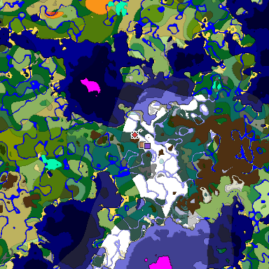 Predicted biome map of Java 1.18 seed 3096554645008223454 around estimated spawn