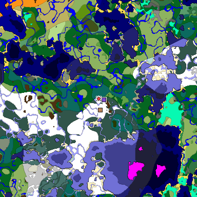 Predicted biome map of Java 1.18 seed -2843960483397436865 around estimated spawn
