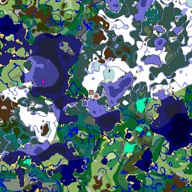 Predicted biome map of Java 1.18 seed -5058904545883624272 around estimated spawn