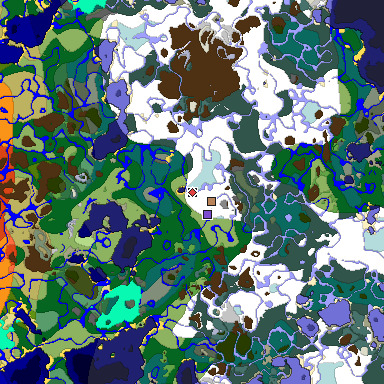 Predicted biome map of Java 1.18 seed -5725744324323131720 around estimated spawn