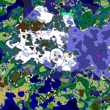 Predicted biome map of Java 1.18 seed -4352783129949082998 around estimated spawn