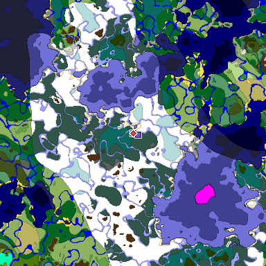 Predicted biome map of Java 1.18 seed -3495058787933371984 around estimated spawn