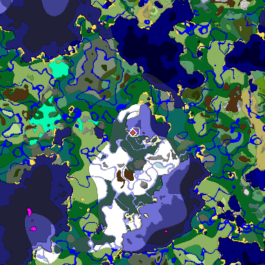Predicted biome map of Java 1.18 seed -7200925104225573795 around estimated spawn