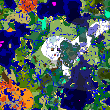 Predicted biome map of Java 1.18 seed -3026962708188306024 around estimated spawn