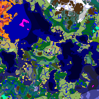 Predicted biome map of Java 1.18 seed -1629051845107906138 around estimated spawn