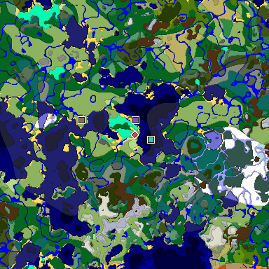 Predicted biome map of Java 1.18 seed 5004889223430322089 around estimated spawn
