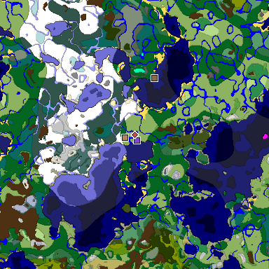 Predicted biome map of Java 1.18 seed -8235851568742944837 around estimated spawn