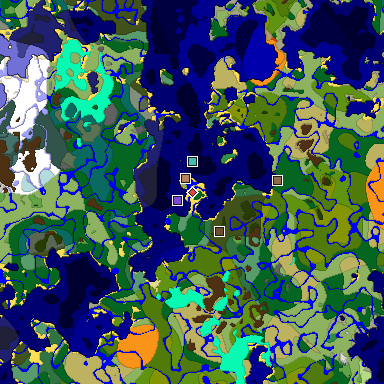 Predicted biome map of Java 1.18 seed -2333265481668845358 around estimated spawn