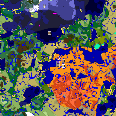Predicted biome map of Java 1.18 seed 3059238581734114194 around estimated spawn