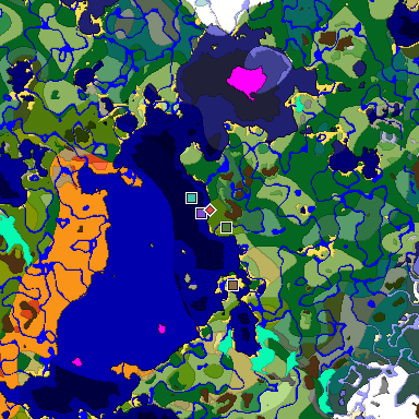 Predicted biome map of Java 1.18 seed 4904190636015094639 around estimated spawn