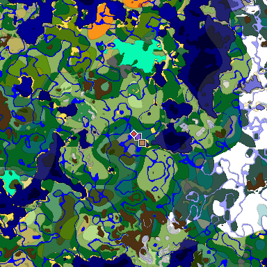 Predicted biome map of Java 1.18 seed 3013589115135498508 around estimated spawn
