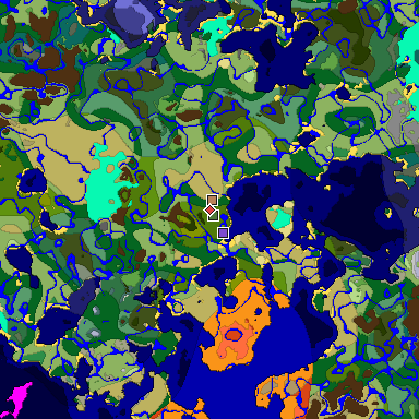 Predicted biome map of Java 1.18 seed -1908937342378586555 around estimated spawn