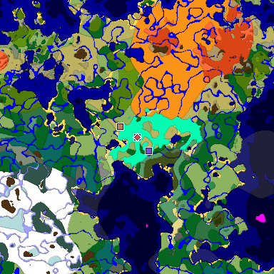 Predicted biome map of Java 1.18 seed 2274344441559223159 around estimated spawn