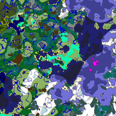 Predicted biome map of Java 1.18 seed 6650056413097316235 around estimated spawn