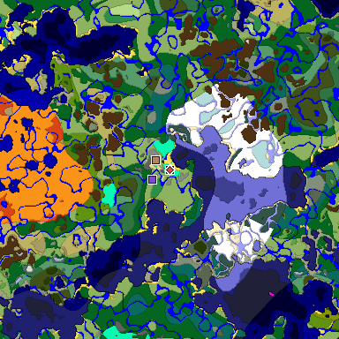 Predicted biome map of Java 1.18 seed -734002533738710700 around estimated spawn