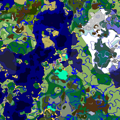 Predicted biome map of Java 1.18 seed -1745334964673231225 around estimated spawn