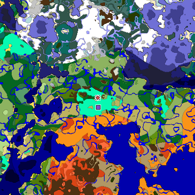 Predicted biome map of Java 1.18 seed -3290707903329204592 around estimated spawn