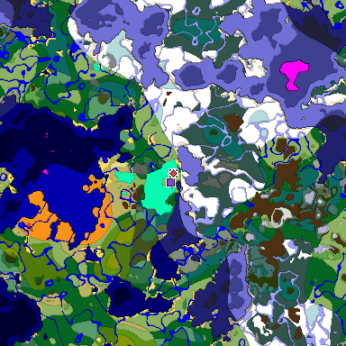 Predicted biome map of Java 1.18 seed -2300281965724129573 around estimated spawn
