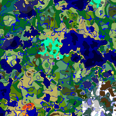 Predicted biome map of Java 1.18 seed -3830729456899766619 around estimated spawn