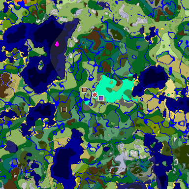 Predicted biome map of Java 1.18 seed 5320036034303673624 around estimated spawn
